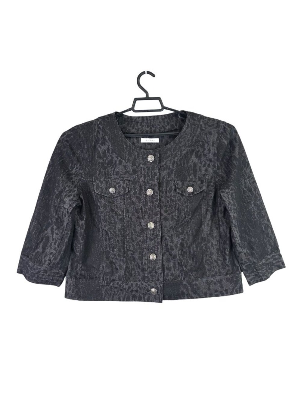 Womens Dress Barn Black Animal Print Denim Jacket Button Front Cotton Blend L